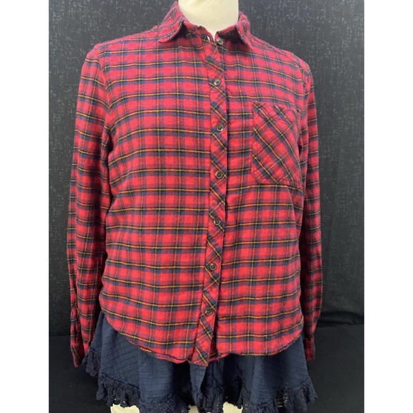 BDG Urban Outfitter Louie Red Plaid Flannel Shirt Layered Lace Ruffled Detail SP - Picture 3 of 14